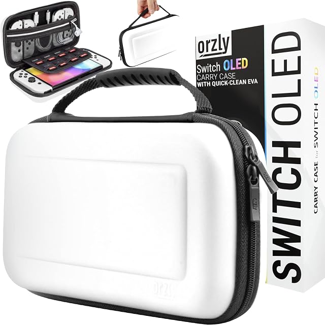 Orzly Carry Case for white Nintendo Switch Oled console with accessories and Games storage compartment - Easy Clean Case Gift Boxed Edition