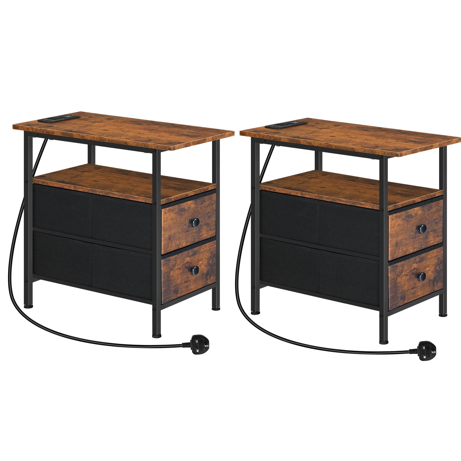 HOOBRO Narrow Bedside Table with Charging Station, with 2 Non-Woven Drawers, Slim Side Table with USB Ports and Power Outlets, Narrow Side Table for Small Spaces, Rustic Brown and Black EBF486KBZP201