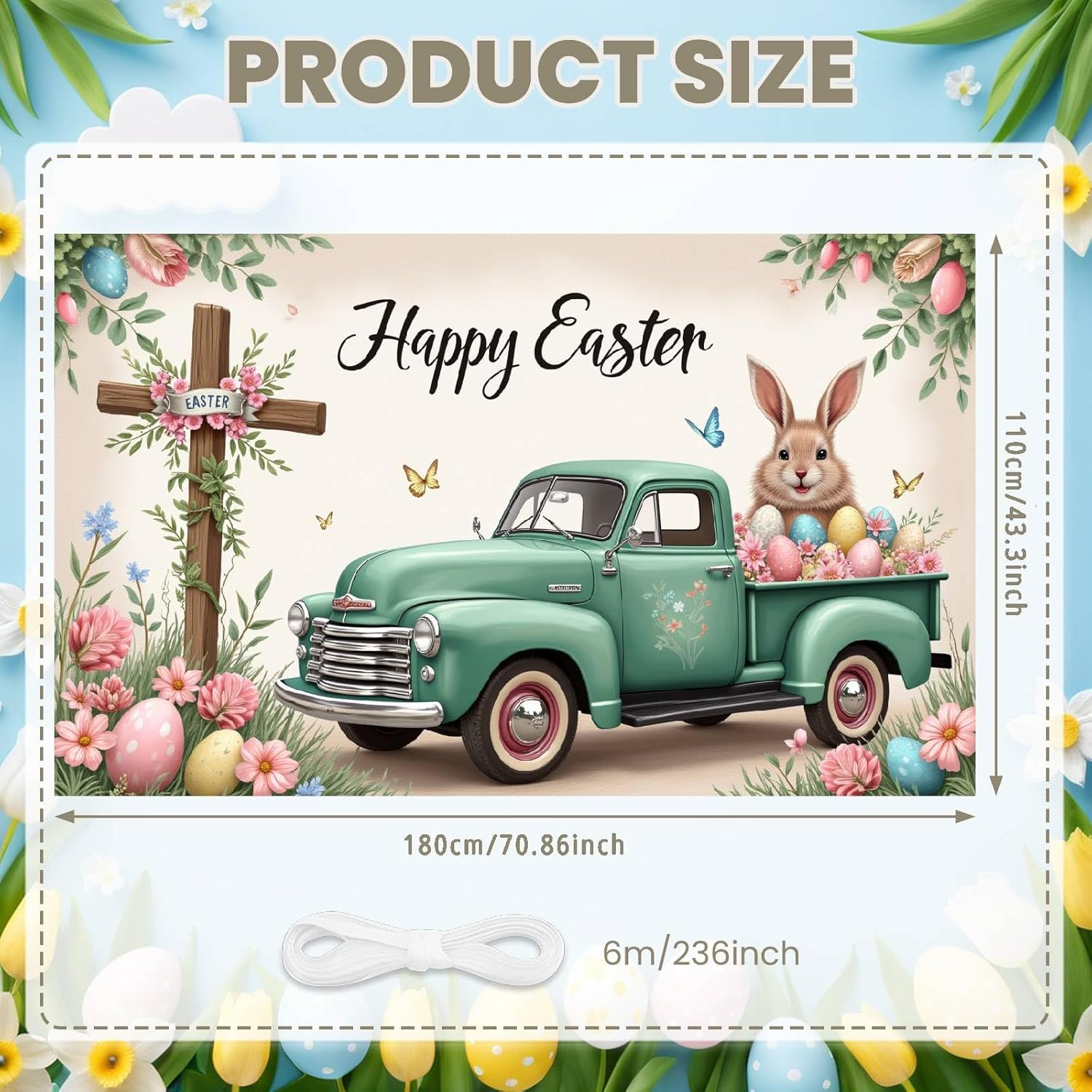 Happy Easter Backdrop Banner with 20ft Rope 71 x 43 Inch Vintage Green Truck Bunny Eggs Decoration Rustic Farmhouse Spring Background for Kids Egg Hunt Party
