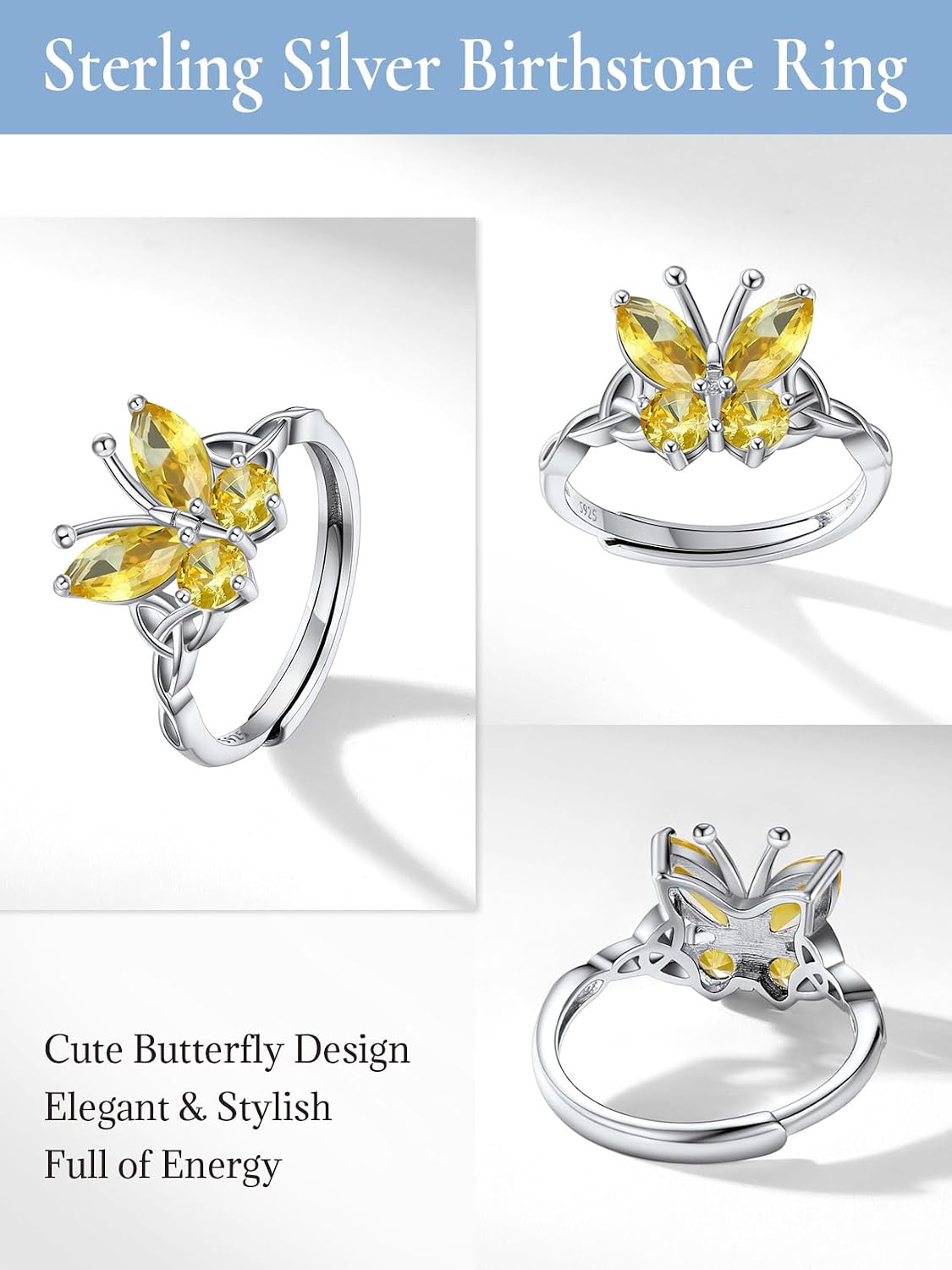 925 Sterling Silver Butterfly Ring,Adjustable Silver Birthstone Rings for Women,Dainty Butterfly Stackable Rings Gifts for Her