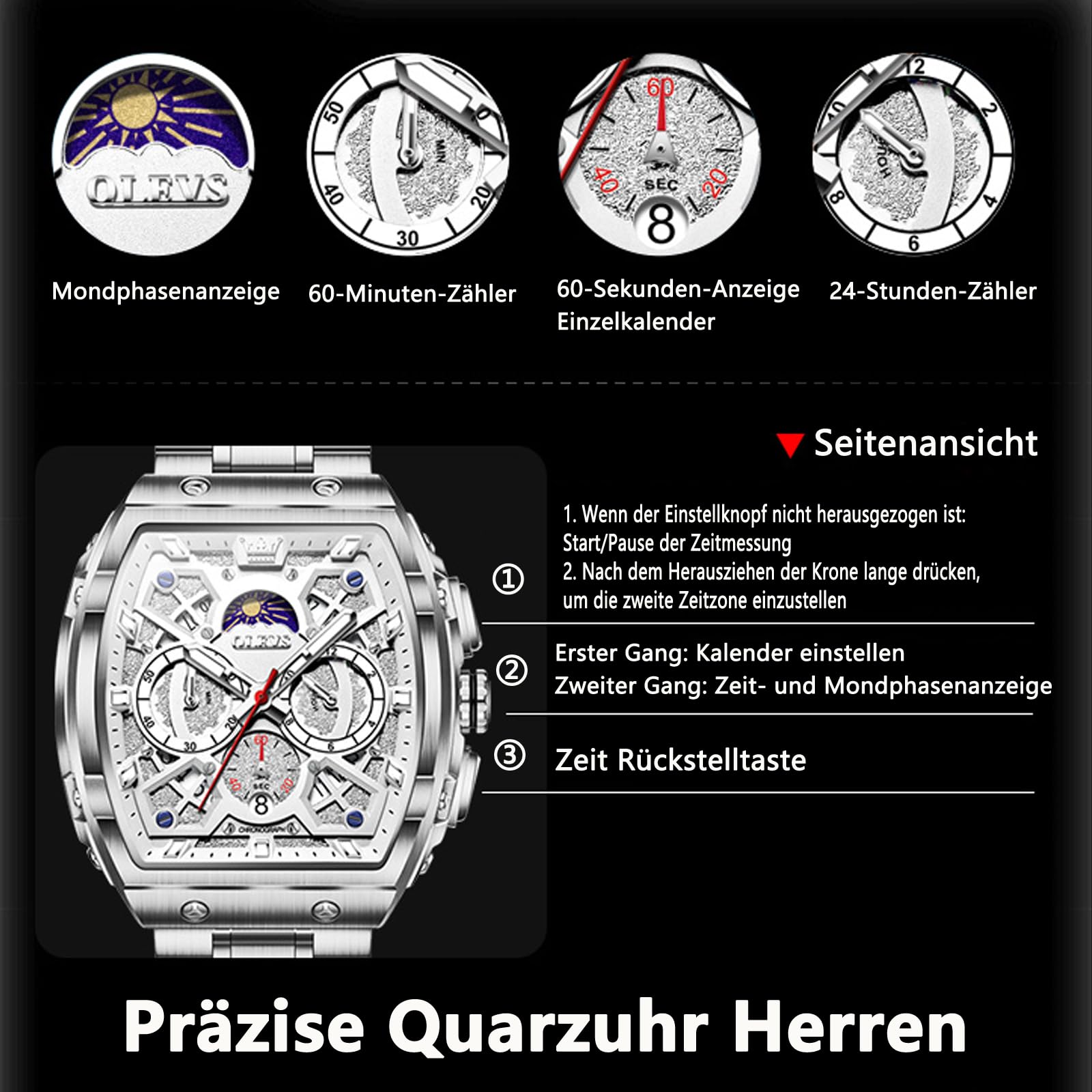 OLEVS Herren Uhr Chronograph Großes Quadrat Edelstahl Quarz Analog | Tonneau Design 44mm großen Zifferblatt Armbanduhr, 30m Wasserdicht, mit Mondphase, Leuchtend, Doppelte Zeitzone