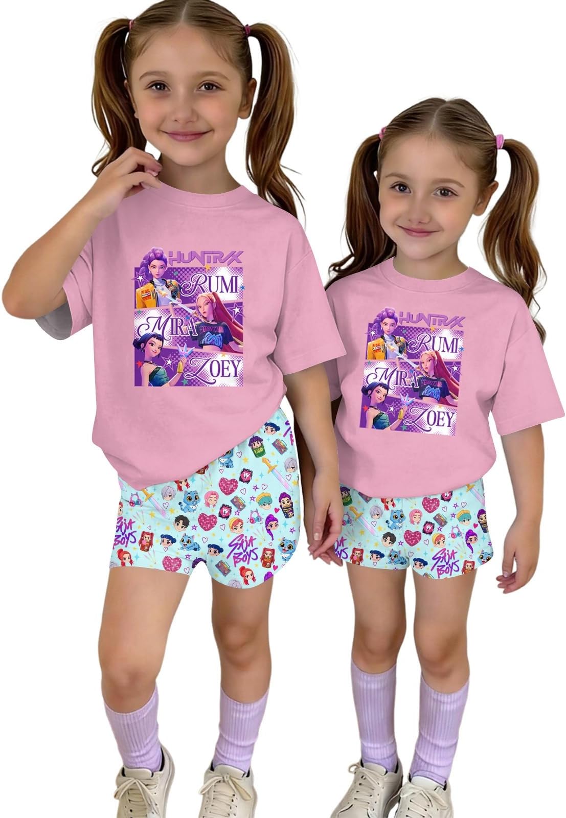 Girls 2 Piece Outfits Cute Singer Cartoon Graphic Short Sleeve Shirts and Shorts Fashion Casual Tracksuit