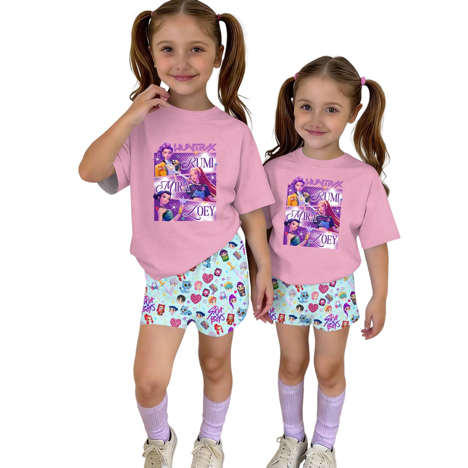 Girls 2 Piece Outfits Cute Singer Cartoon Graphic Short Sleeve Shirts and Shorts Fashion Casual Tracksuit