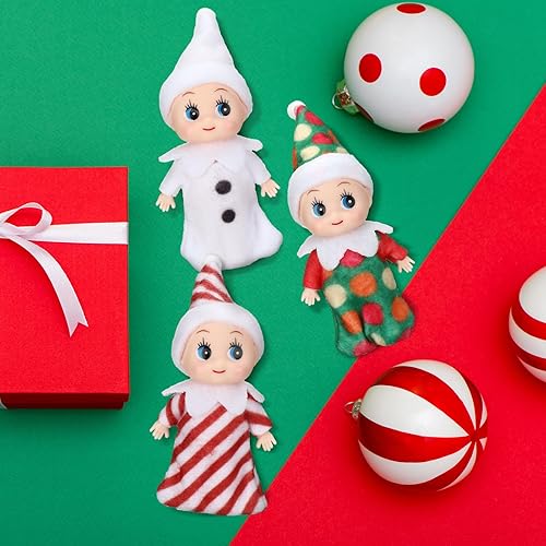 Miniatura 5 de 3 piezas diminutas muñecas elfas de Navidad en miniatura, gemelos rojos y verdes, regalos para bebé recién nacido, rellenos de calcetines para Año