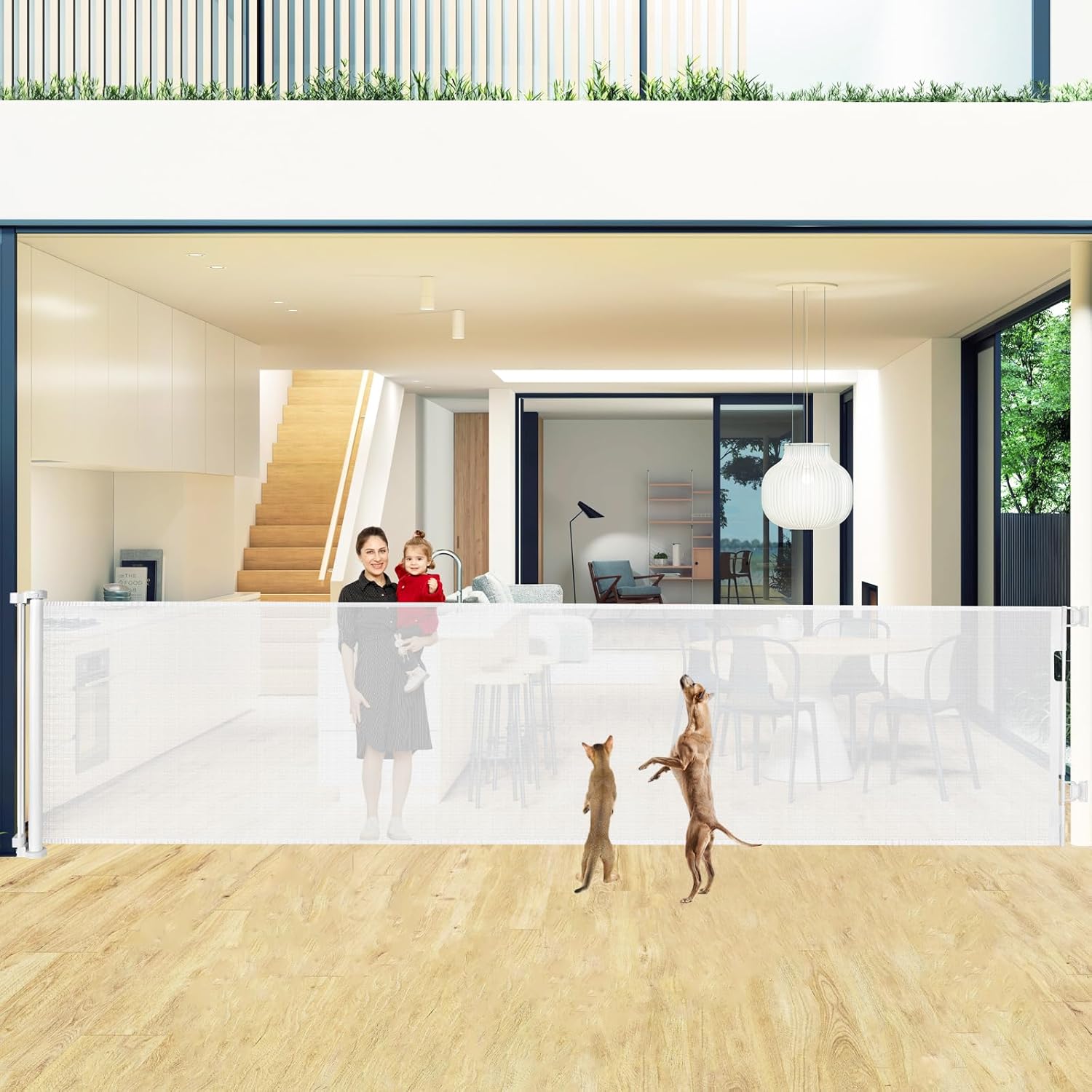 48" Tall X 180" Extra Long Retractable Baby Gates for Wide Openings, Extra Tall Baby Gate for Doorways Tall Dog Gate Indoor Outdoor Extra Tall Mesh Safety Gate Long Pet Gate for Deck, White White 48" Tall x 180" Wide