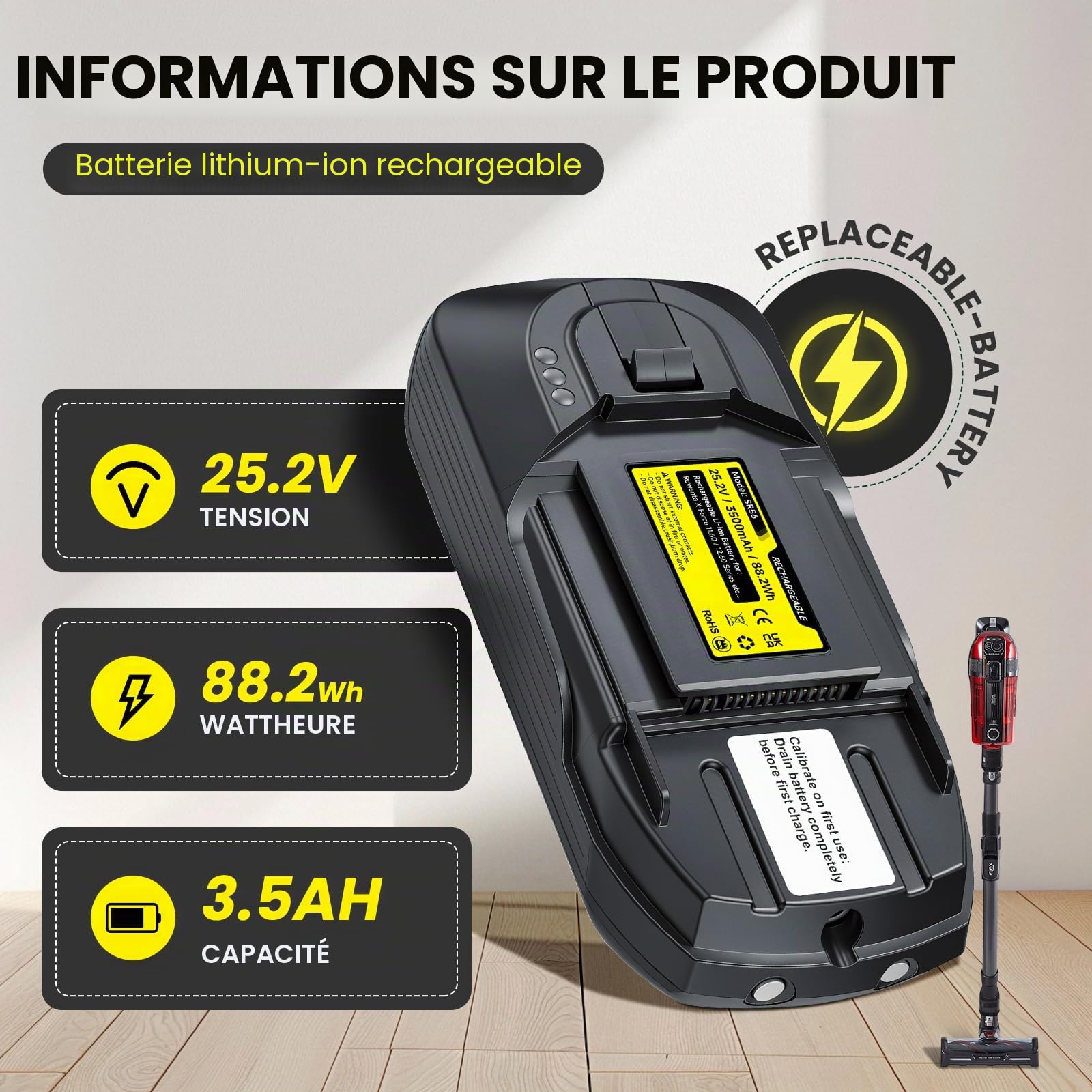 Batterie Remplacement 3500mAh pour Rowenta X-Force Flex 11.60 Animal & Aqua (25,2 V) Li-ION pour RH98 TY98 EO98 Serie ZR009701/RH9878WO - Non Compatible avec Modèles 25,9V & Flex 12.60!