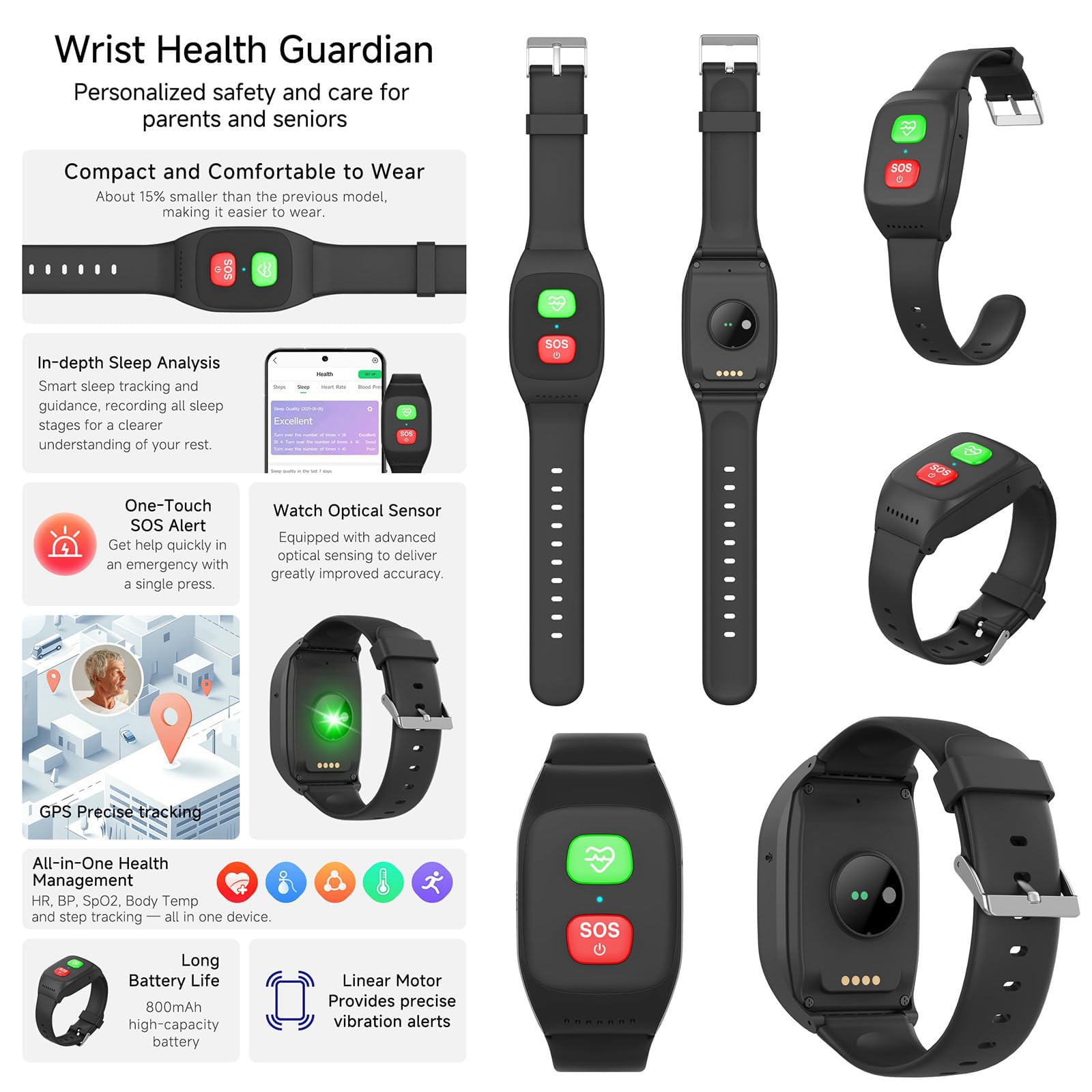 Reloj Inteligente con Detección De Caídas, Dispositivo De Alerta para Personas Mayores, Pulsera con GPS, Funciones De Detección De Caídas, Llamada De Emergencia SOS, Podómetro Y Geolocalización