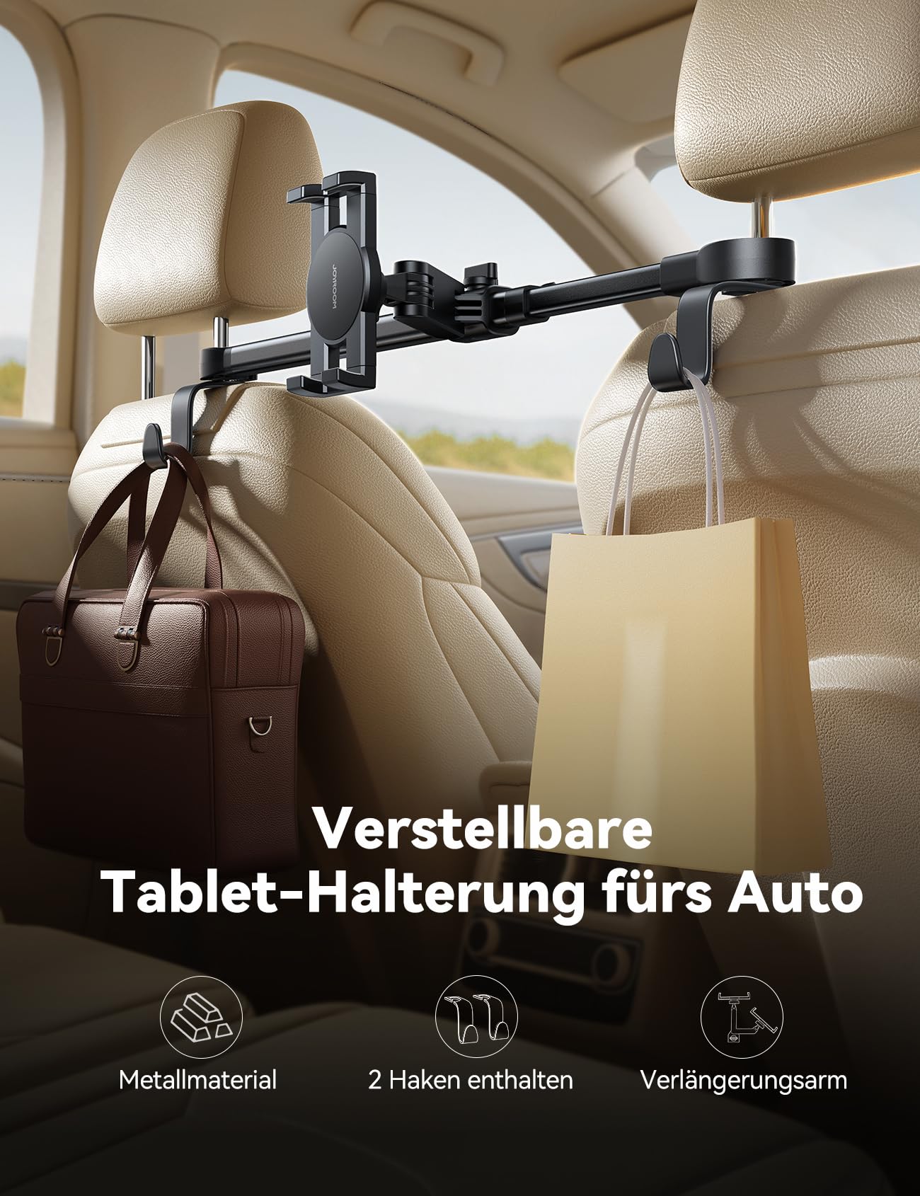 JOYROOM Tablet Halterung Auto Kopfstütze [Bilaterale Fixierung] Tablethalterungen Auto mit Metallarm, iPad Halterung Auto Mitte für 4,7–12,9" iPad, Tablets & Smartphones/Mit 2 Haken