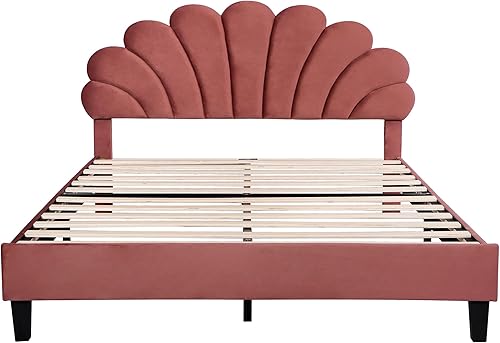 Miniatura 6 de Cama de plataforma de terciopelo tamaño Queen con cabecera con patrón de flores, base de cama Queen tapizada con soporte de listones de madera para