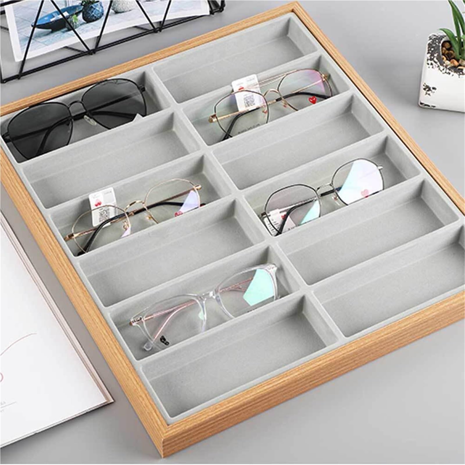 Organizador para Gafas De Sol Estante de Almacenamiento de Madera for Gafas, Bandeja de exhibición for Gafas de Sol, Caja organizadora for Almacenamiento, 12 Rejillas(Grey Inner)