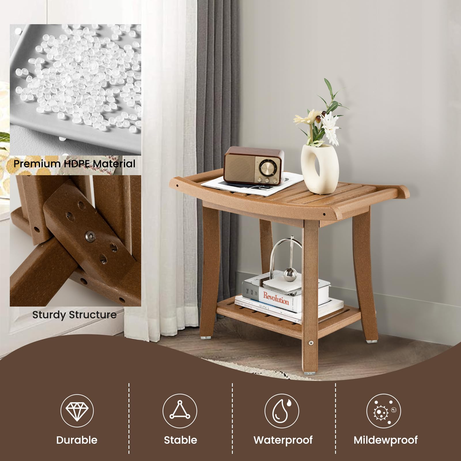 HOMASIS Sgabello da Bagno in HDPE, Panca da Doccia con Piedini Antiscivolo, Sedia Doccia Multiuso e Impermeabile con Portaoggetti per Rasatura, Portata 150kg (Marrone, 60,5 x 34 x 48 cm)