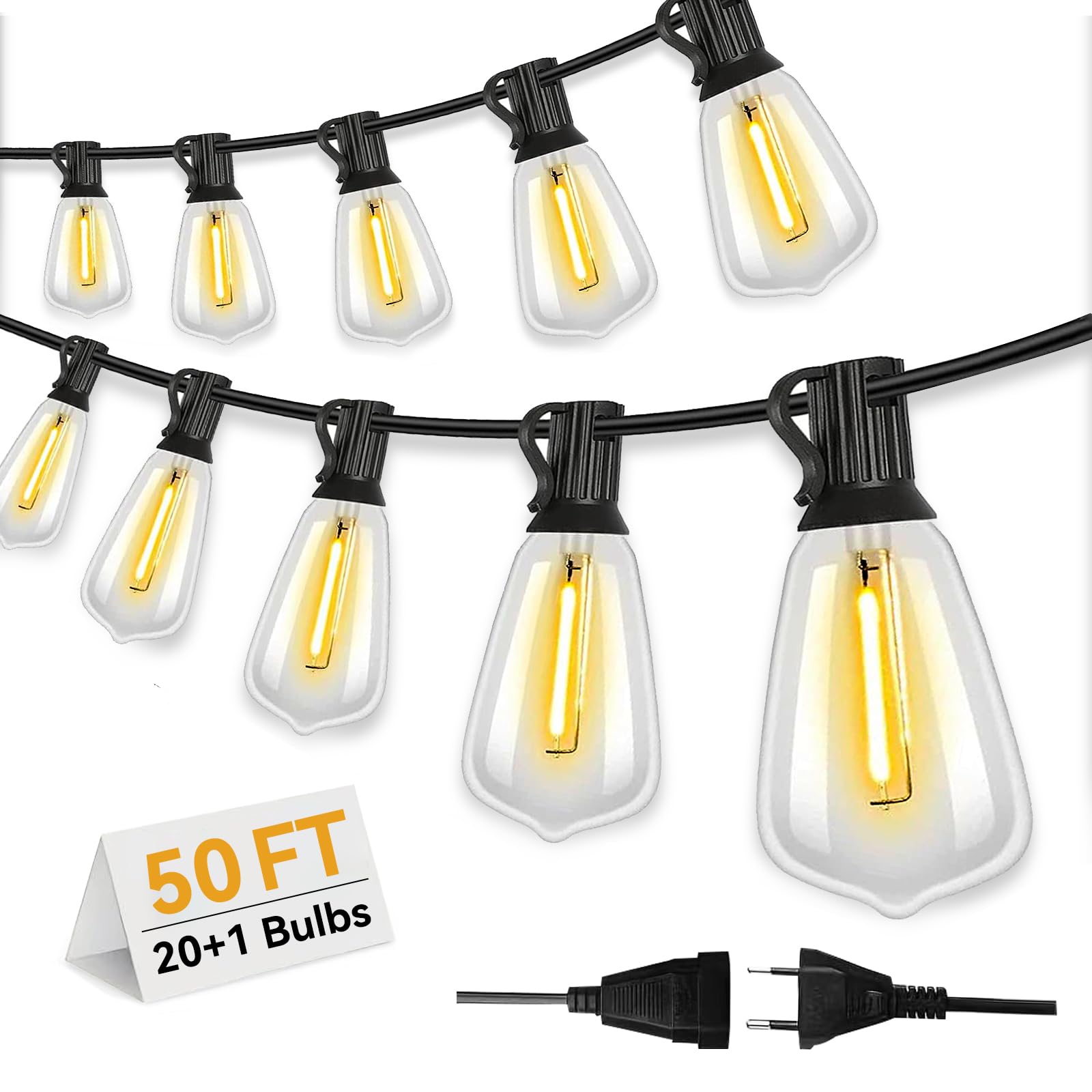 Wweixun2020 Outdoor String Lights 50 Feet, IP44 Waterproof, ST38 LED Bulbs (20+1 Replacement Bulbs), Decoration for Garden, Terrace, Wedding and Festival (15M/50FT, 21)