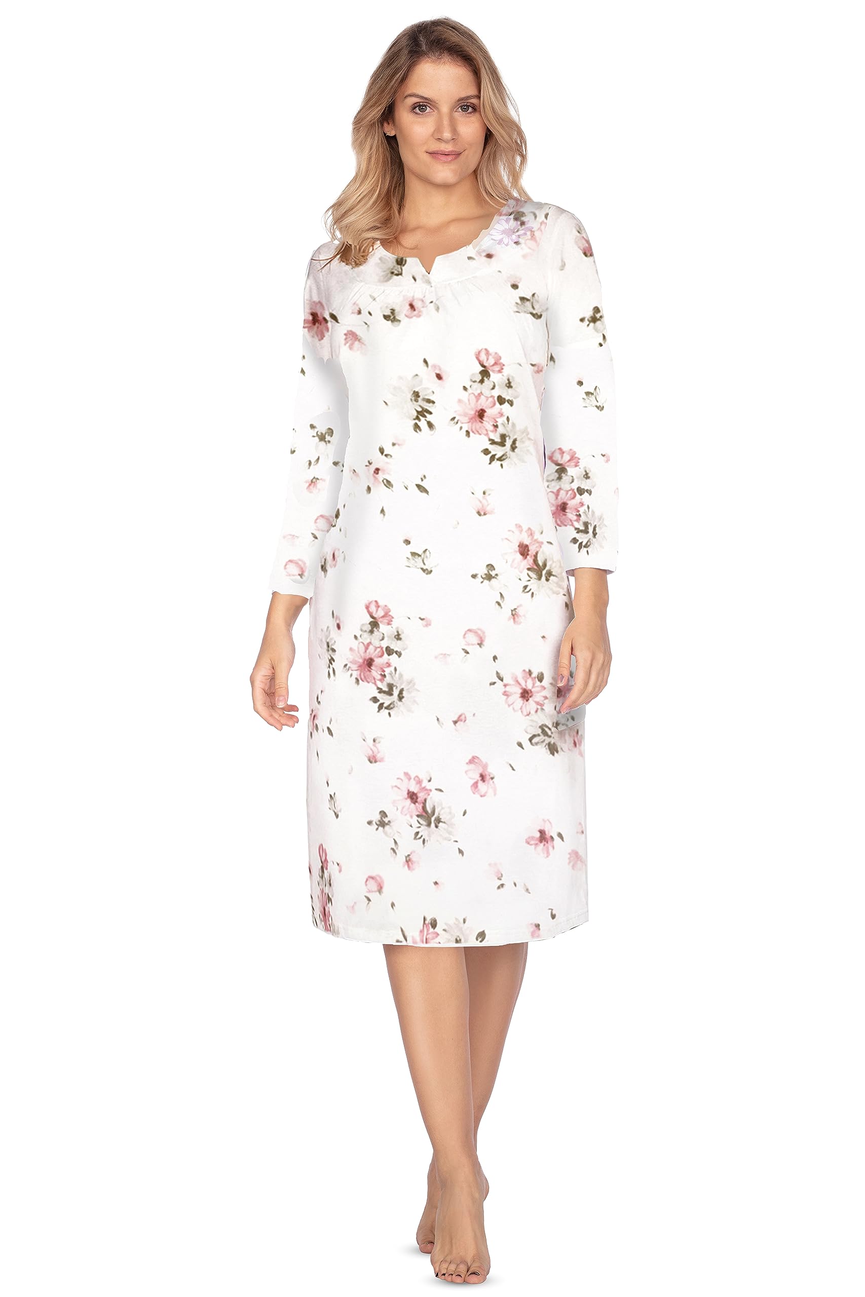 E.femme Women's White/Pink E.femme® Jana 1092 Nightdress 7/8 Sleeve 100% Cotton, 16