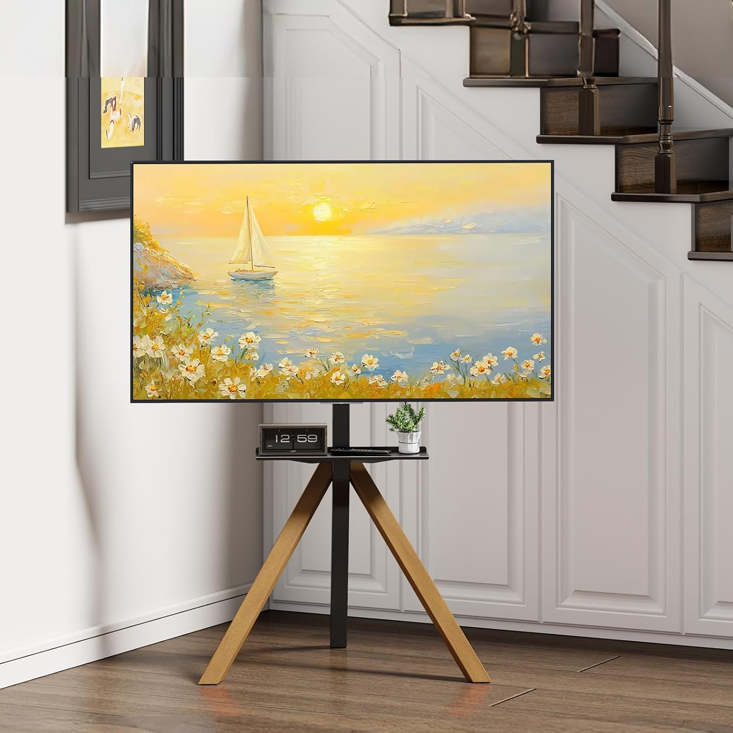 Tripod Easel TV Stand for 32 to 75 Inch LCD LED OLED Screen, Modern Floor TV Stand with Swivel Mount, Wooden Legs Minimalist Style, Portable Corner TV Floor Stand with Tray TV Mount (Light Walnut)