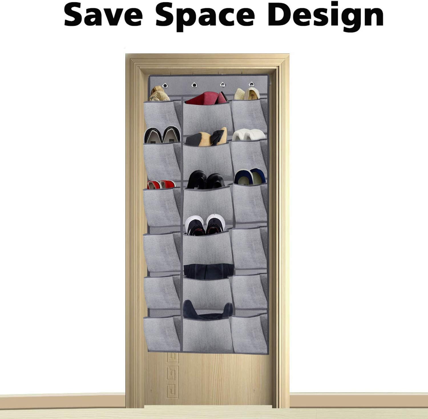 Over the Door Shoe Organizer Rack 2 Pack, 8 Hooks, 24 Large Pockets + 12 Extra Large Pockets for Organizing Shoes, Kids' toys, Mittens, and Scarves-Gray