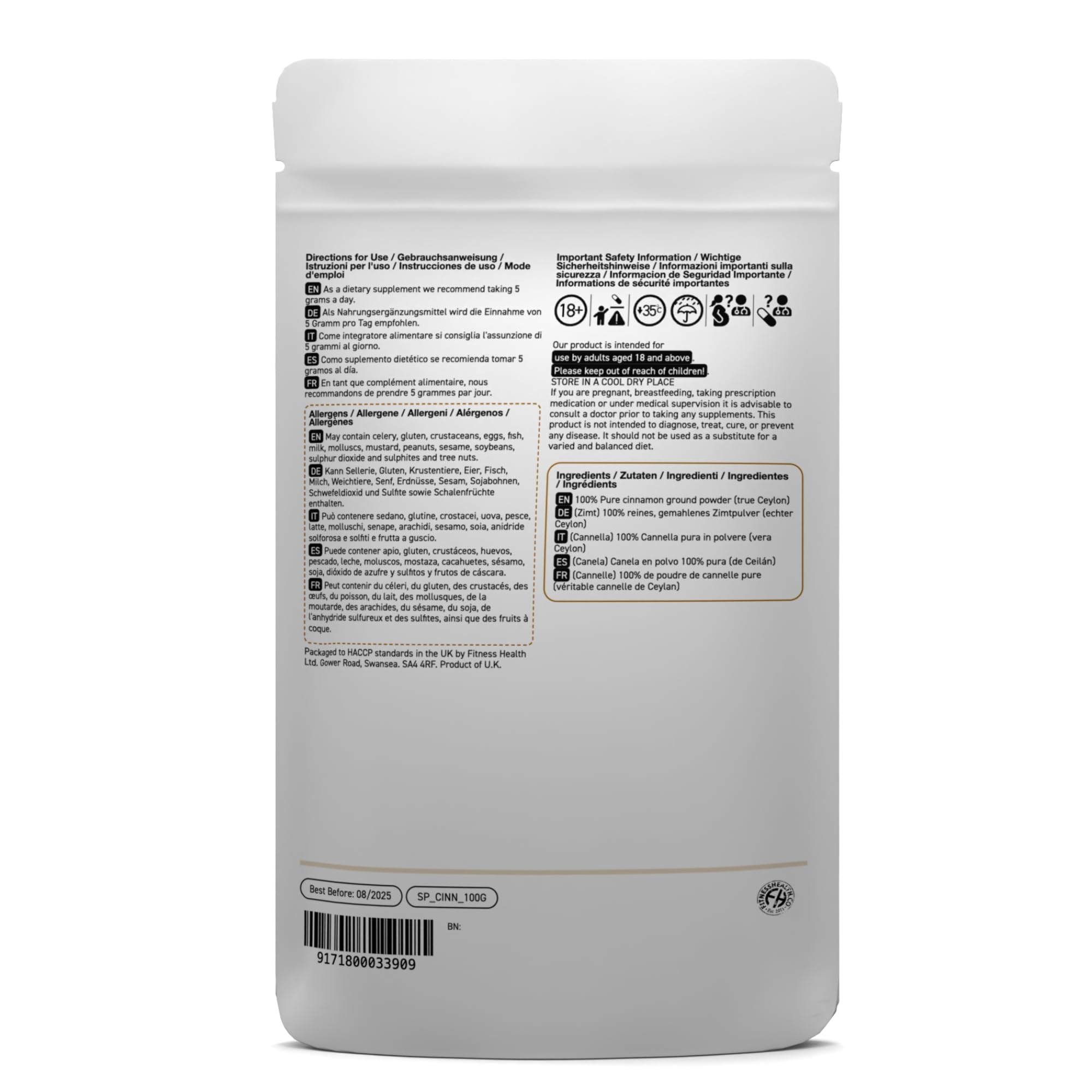 Fitness Health Poudre de cannelle biologique (vrai Ceylan) 100 g – Poudre de cannelle de Ceylan bio – Poudre de cannelle moulue certifiée de qualité supérieure – Complément de cannelle de Ceylan pour