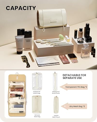 Miniatura 3 de Bolsa de maquillaje de viaje con divisor de brochas de maquillaje desmontable Bolsa de cosméticos de piel sintética de gran capacidad, bolsa de aseo