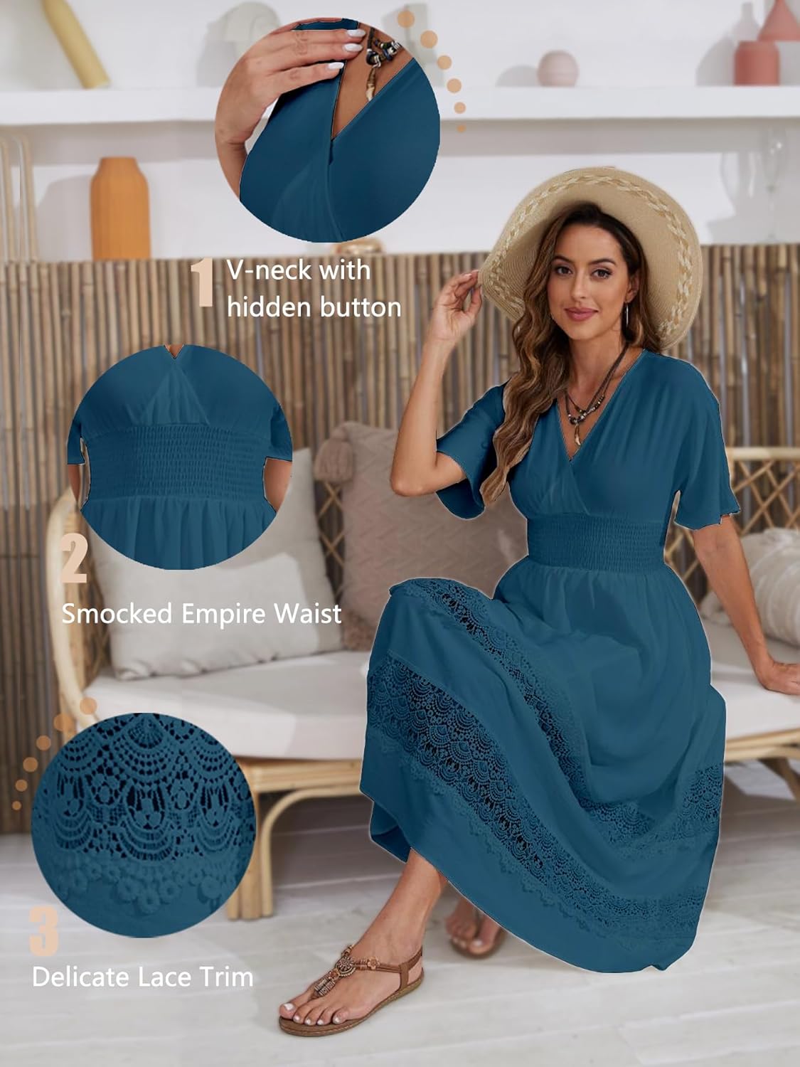 Boho Maxi Dress for Women 2025 Summer V Neck Lace Wedding Guest Dress Smocked Waist Bohemian Long Flowy Dresses - Image 4
