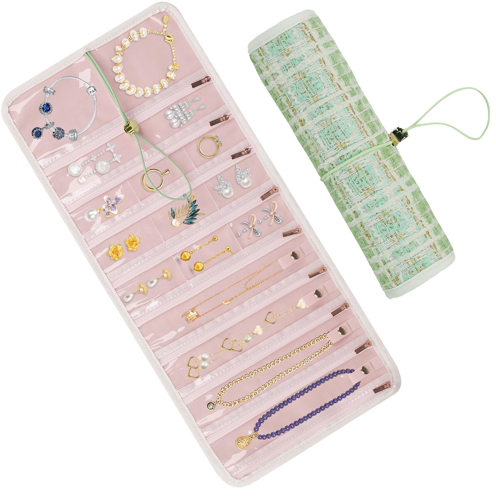 Rollo Joyero, Joyero Viaje Mujer, Almacenamiento de Joyas Bolsa Terciopelo Plegable con 17 Bolsillos con Cremallera, Organizador de Joyas para Anillos, Pendientes, Collares, Pulseras (Verde)