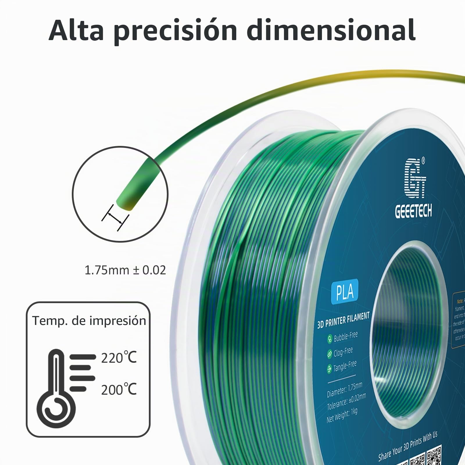 GEEETECH Filamento PLA de seda Doble, 1,75 mm, filamento para impresora 3D, 1kg por Carrete, 2 Rollos，Azul/Verde x2