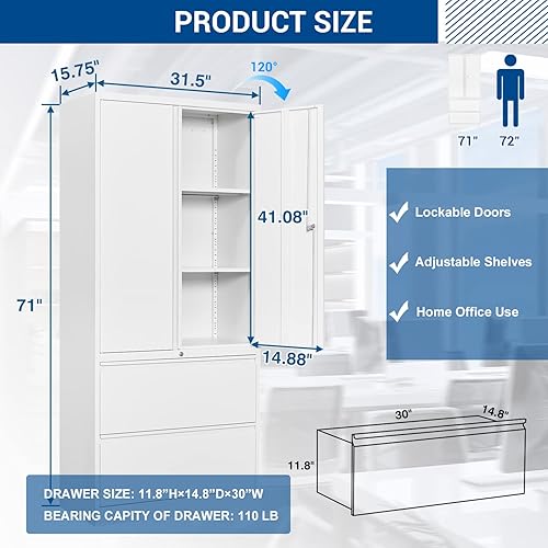 Vista 19 de Archivador lateral de 3 cajones con cajón y puerta con cerradura, archivador grande de acero para oficina en casa, archivos colgantes tamaño Negro