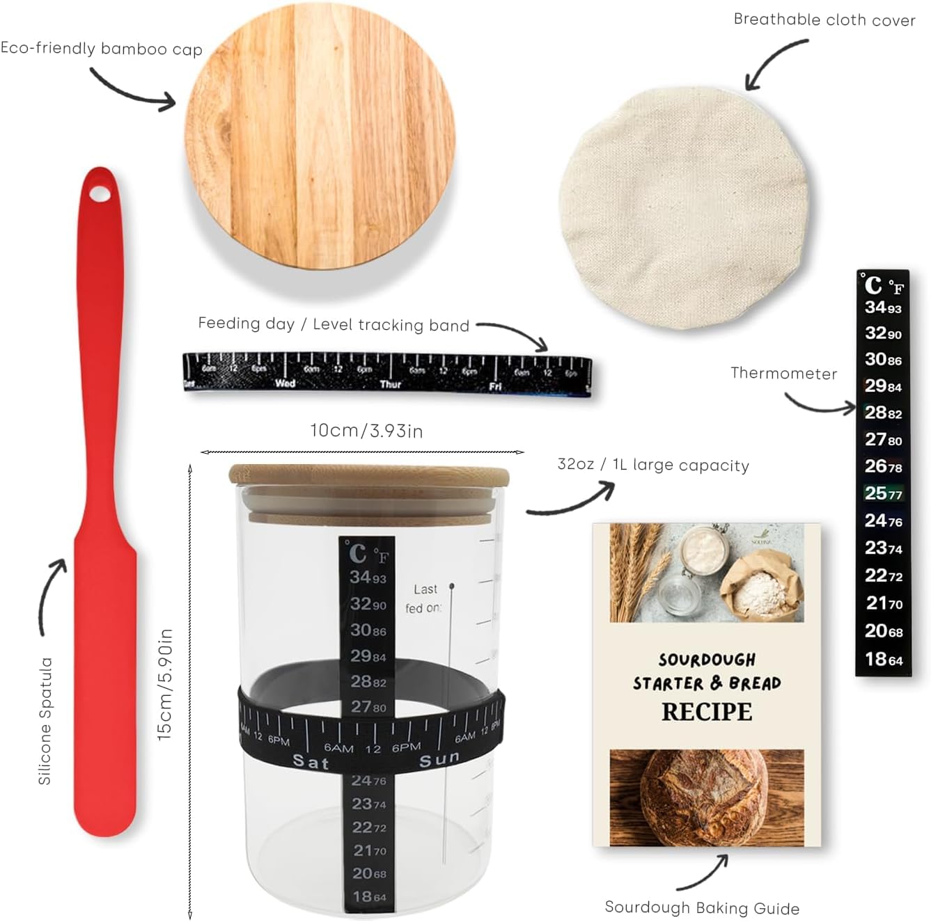 Kit de démarrage au levain – Grand bocal en verre à large goulot de 950 ml, recette de levain, spatule, thermomètre, bande d'alimentation avec date marquée, couvercle en tissu respirant – Bocal de