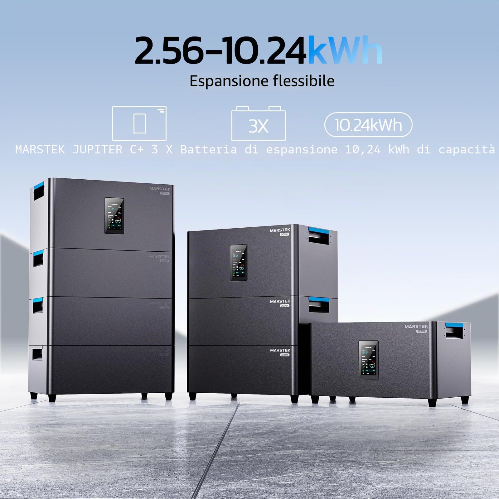 MARSTEK Centrale elettrica da balcone all-in-one con accumulo, 4 MPPT ingresso solare 2400W, capacità batteria 2.56kWh, 6000 cicli di ricarica, batteria LFP, con APP, Plug&Play, 0% IVA (Jupiter C plus
