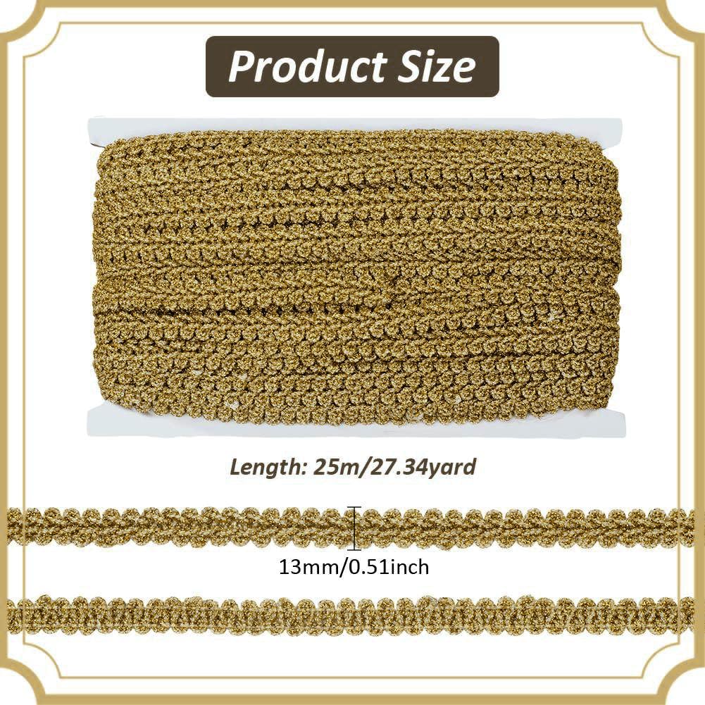 PH PandaHall 27.3 Yards Golden Braid Tirm for Sewing, 1/2 inch Fabric Gimp Braid Trim Ribbon Polyester Basic Fringe Trim for Upholstery Costume DIY Crafts Jewelry Making Curtain Decoration