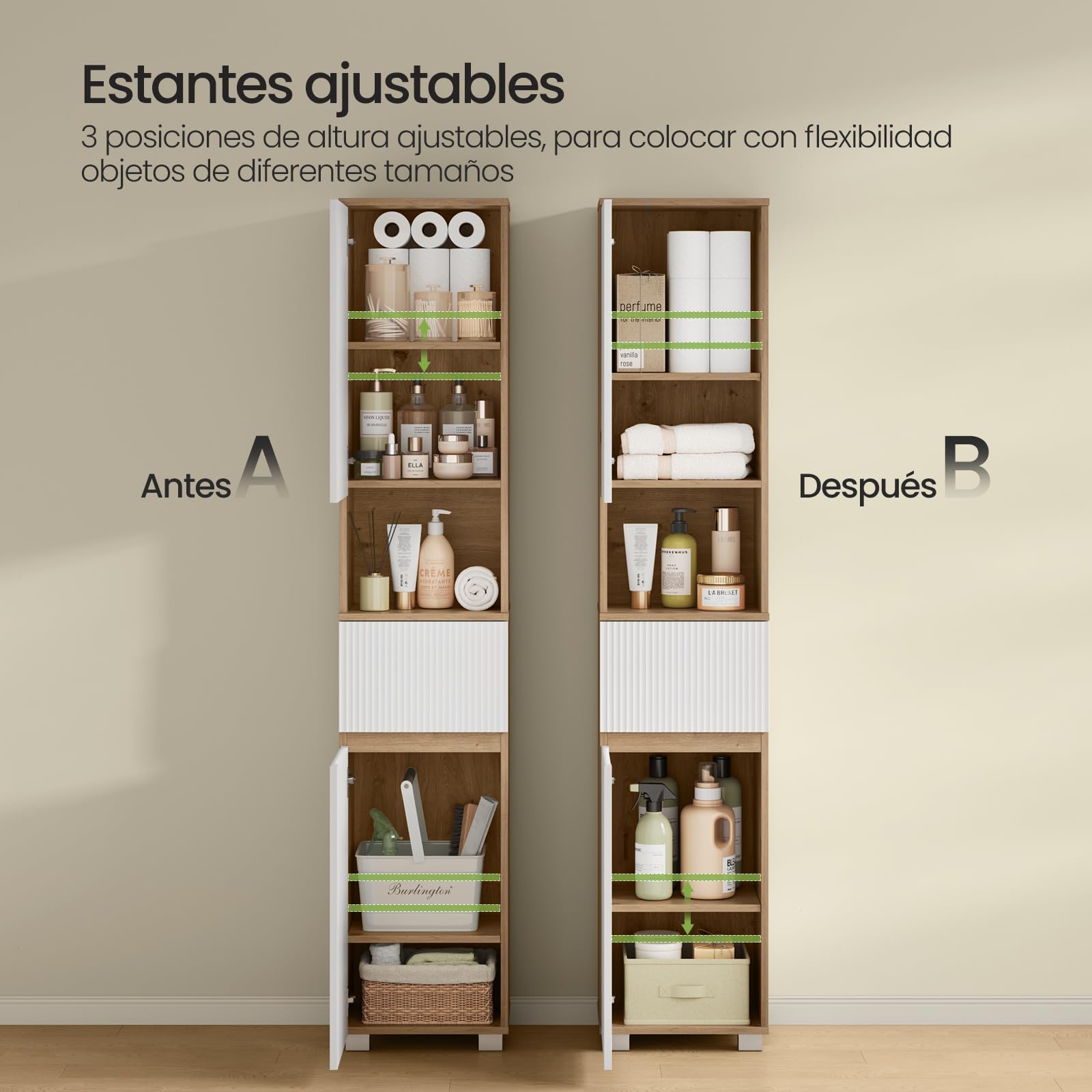 EUGAD Mueble de Baño, Armario de Baño Alto con 2 Compartimentos con Puerta, 1 Abierto, 1 Cajón y Estantes Ajustables, 35 x 30 x 176,5 cm, Madera de Ingeniería, para Espacios Reducidos, Blanco + Roble