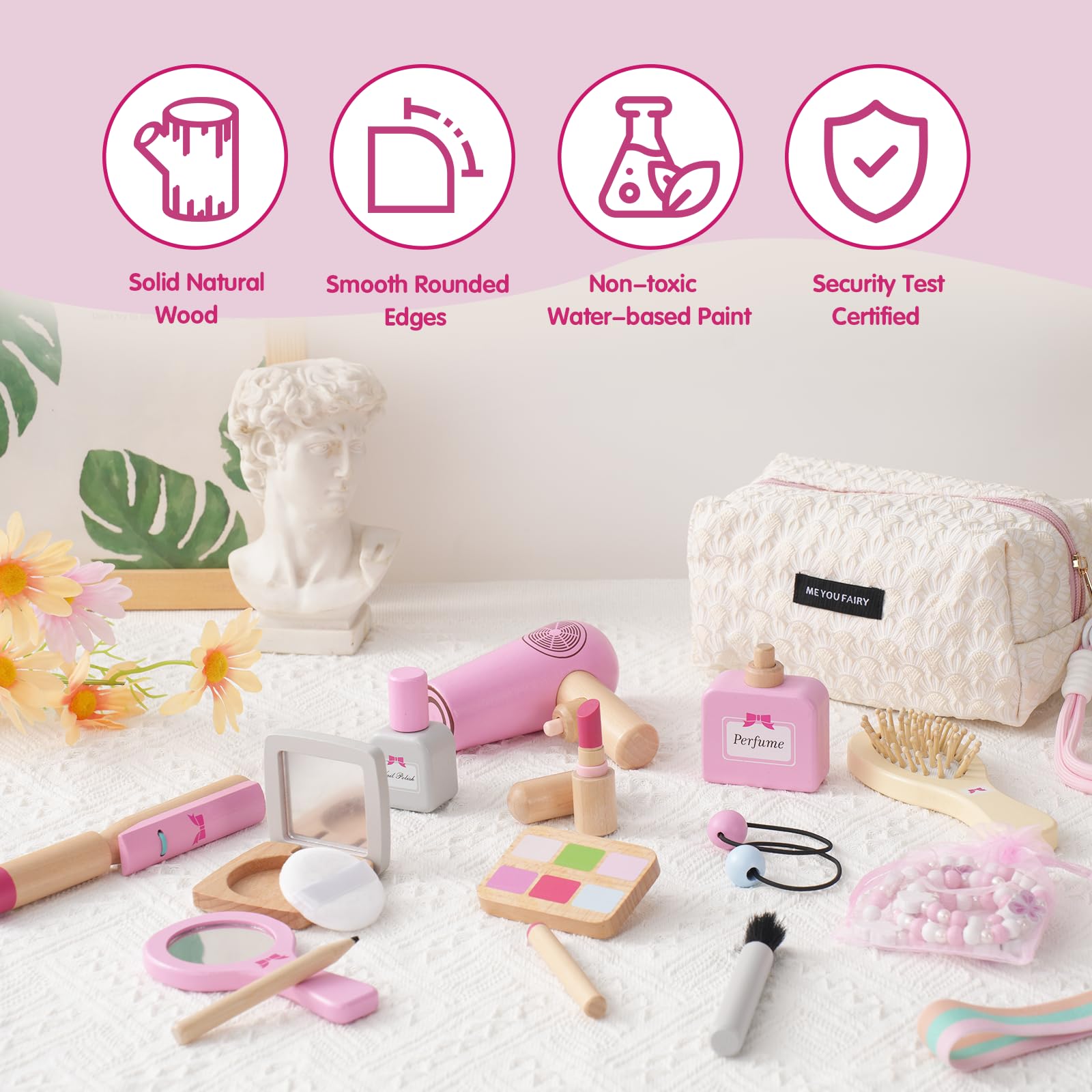 Holz Schminke für Kinder Holzschminke Spielset Schminkkoffer Mädchen, 19PCS Make Up Holzspielzeug für Rollenspiele ab 3, Weihnachten Geburtstag Geschenk für Mädchen ab 3 4 Jahre