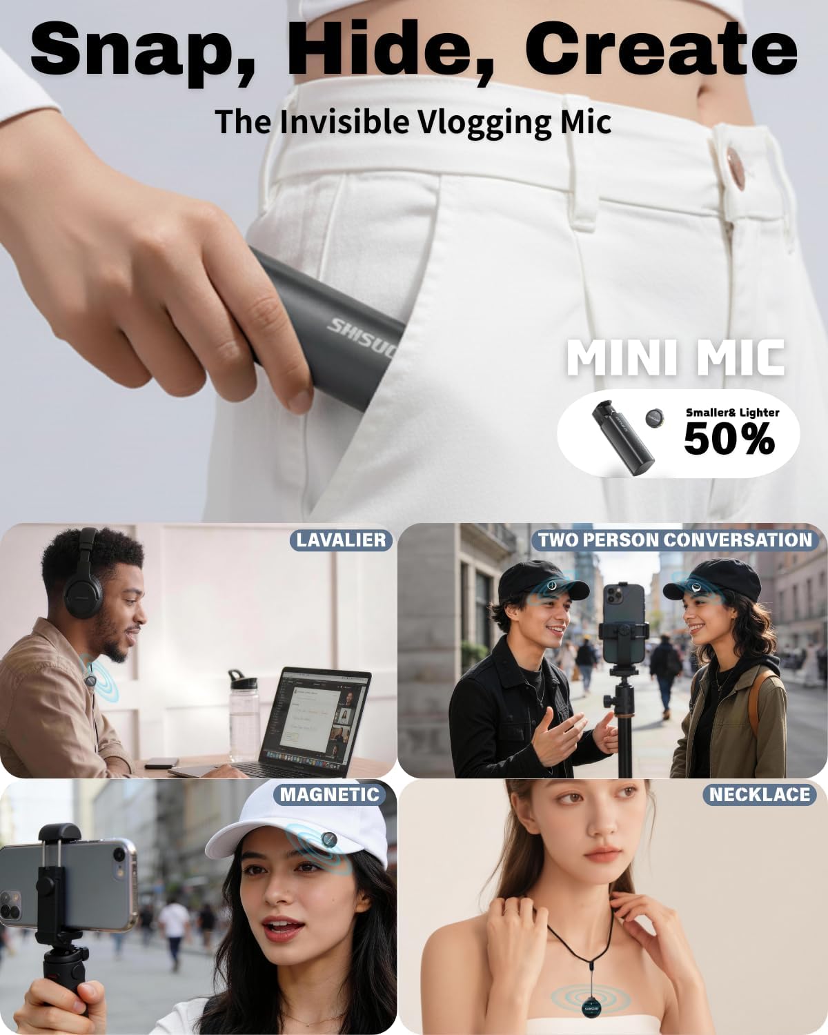 Wireless Microphone for iPhone 16 15 14 Android, Magnetic Lavalier Lapel Microphone with Charging Case, AI Noise Cancelling Mini Clip-on Mic for Content Creators, YouTube, Vlog, TikTok, PC