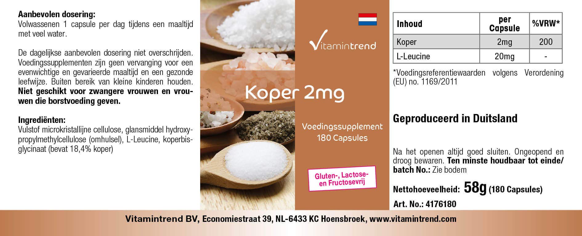 Vitamintrend rame 2 mg, 180 capsule, facili da deglutire, ad alto dosaggio, integratore alimentare vegano senza magnesio stearato, prodotto in Germania