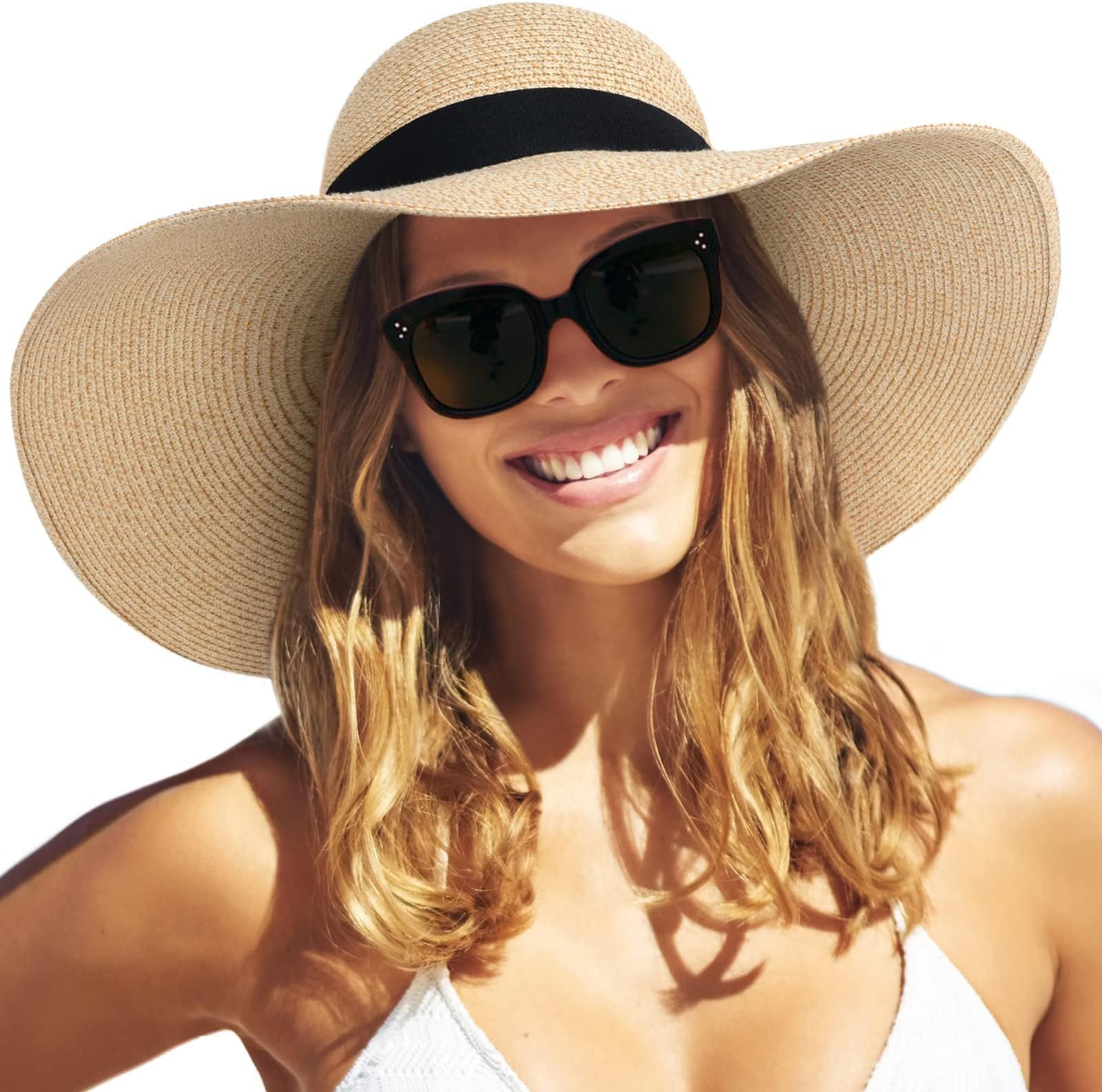 Womens Sun Straw Hat Wide Brim Summer Hat Foldable Packable Floppy Beach Hats for Women