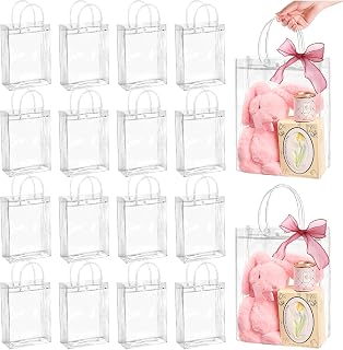 Jutieuo 24 Pack Clear Plastic Gift Bags with Handles, Reusable Transparent Party Favor Bags PVC Goodie Bags Bulk for Wedding, Baby Shower, Birthday (7.9" x 9.8" x 3.2")