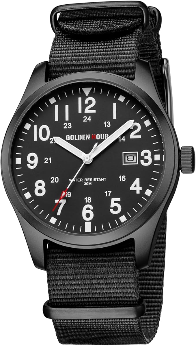 GOLDEN HOUR Men's Nylon Slip-Thru Strap Watch with Military Time Easy Read Dial Glowing Hands 12/24 Hours Dispaly Waterproof Sports Digital Watches