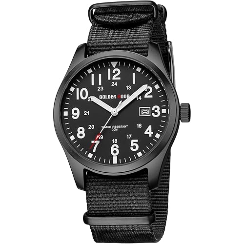 GOLDEN HOUR Men's Nylon Slip-Thru Strap Watch with Military Time Easy Read Dial Glowing Hands