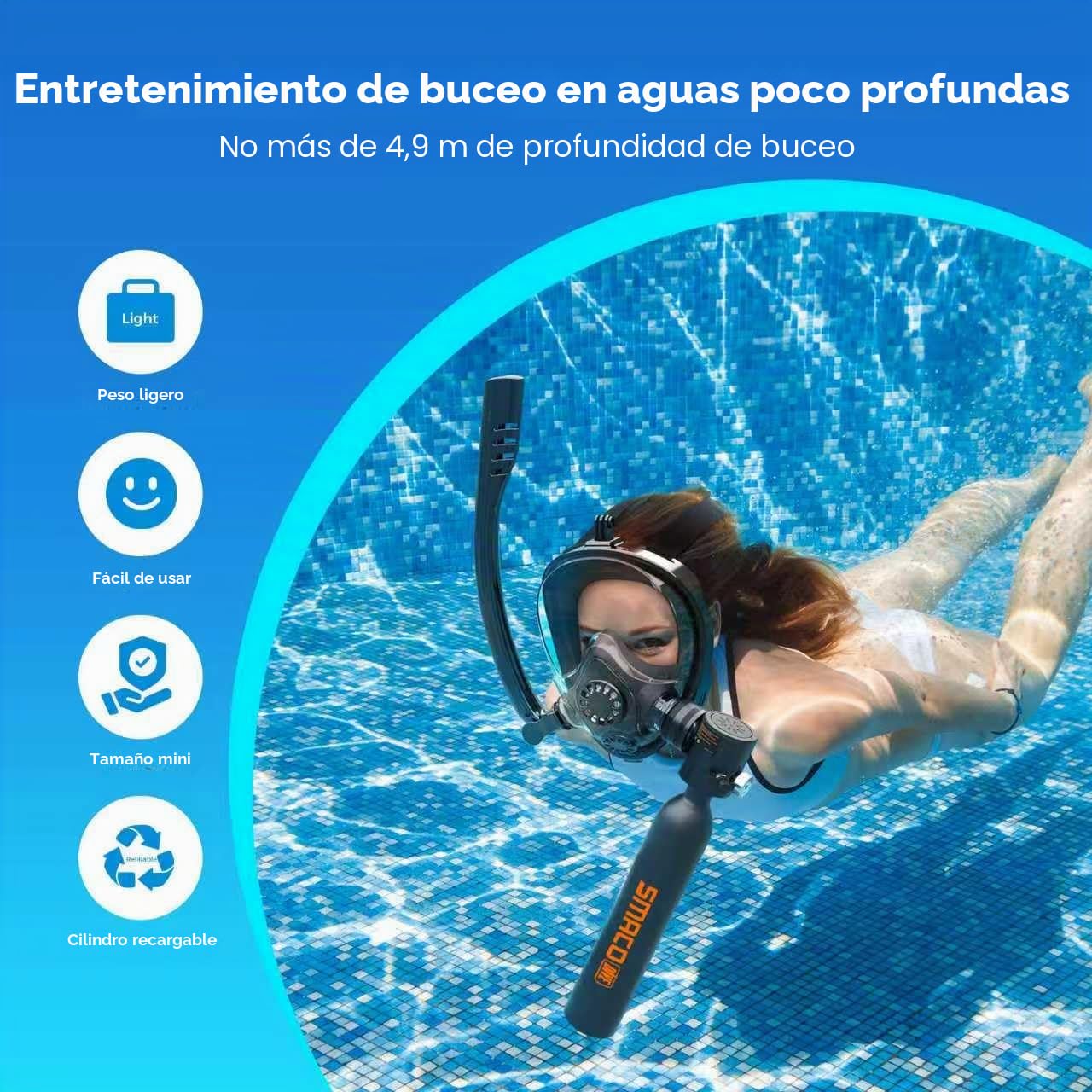 SMACO Tanque de Buceo Mini 0.5L con Máscara Completa y Snorkel - Sistema de Buceo Portátil para Snorkel en Aguas Poco Profundas, Equipo de Suministro de Aire de Emergencia
