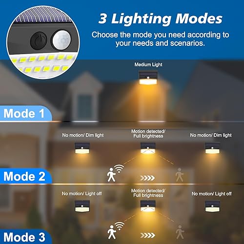 Miniatura 9 de Luces solares con sensor de movimiento para exteriores 12 paquetes138 LED Luces solares brillantes para valla con 3 modos de iluminación, luces de