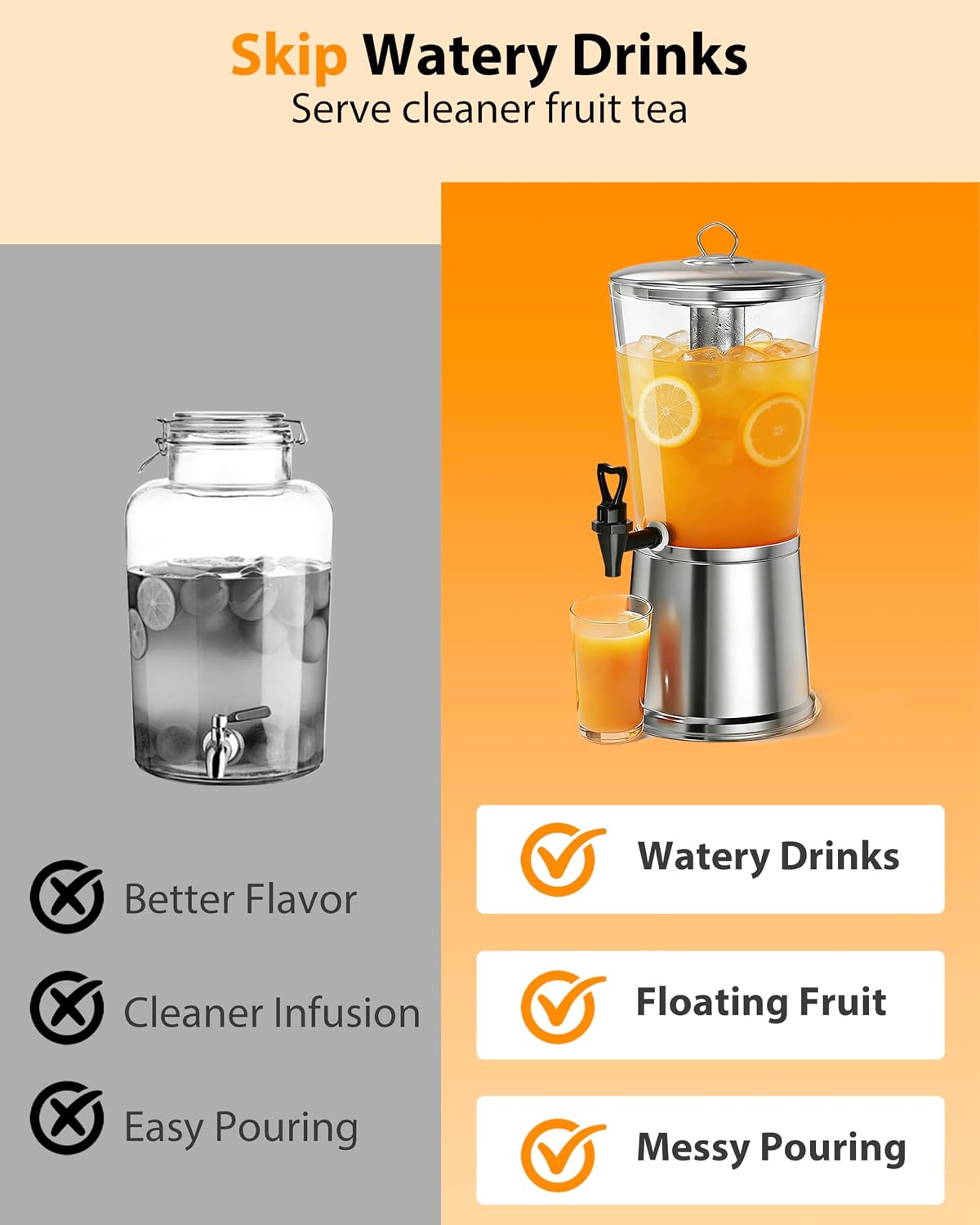 Beverage Dispenser with Stand, 2.5 Gallon Drink Dispenser for Parties,Events,Buffet &Self-Serve,Dual Ice Tube Core Fruit Infuser,Leakproof Spigot,Clear PC Container, Stainless Steel Lid&Base