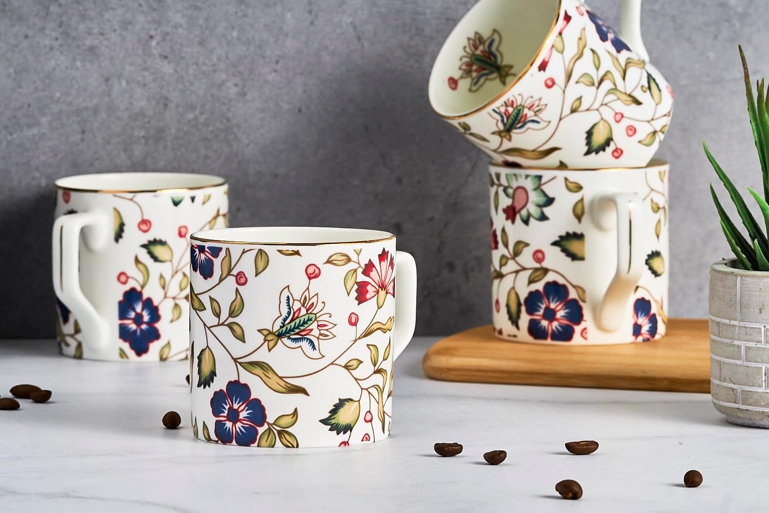 GOLDEN QUEEN'STea Cups Set of 6 | Ideal for Everyday Tea and Coffee, Enhancing Your Daily Rituals | Handcrafted & 24K Gold on Rim - Emerald Bloom Ensemble