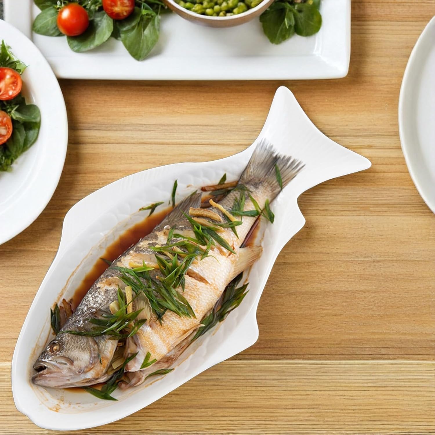 Cabilock Ceramic Fish Dish Plate Serving Platter Dinner Plate Cheese Dessert Lunch Pasta Meals Tray Plate (15 Inches + White)