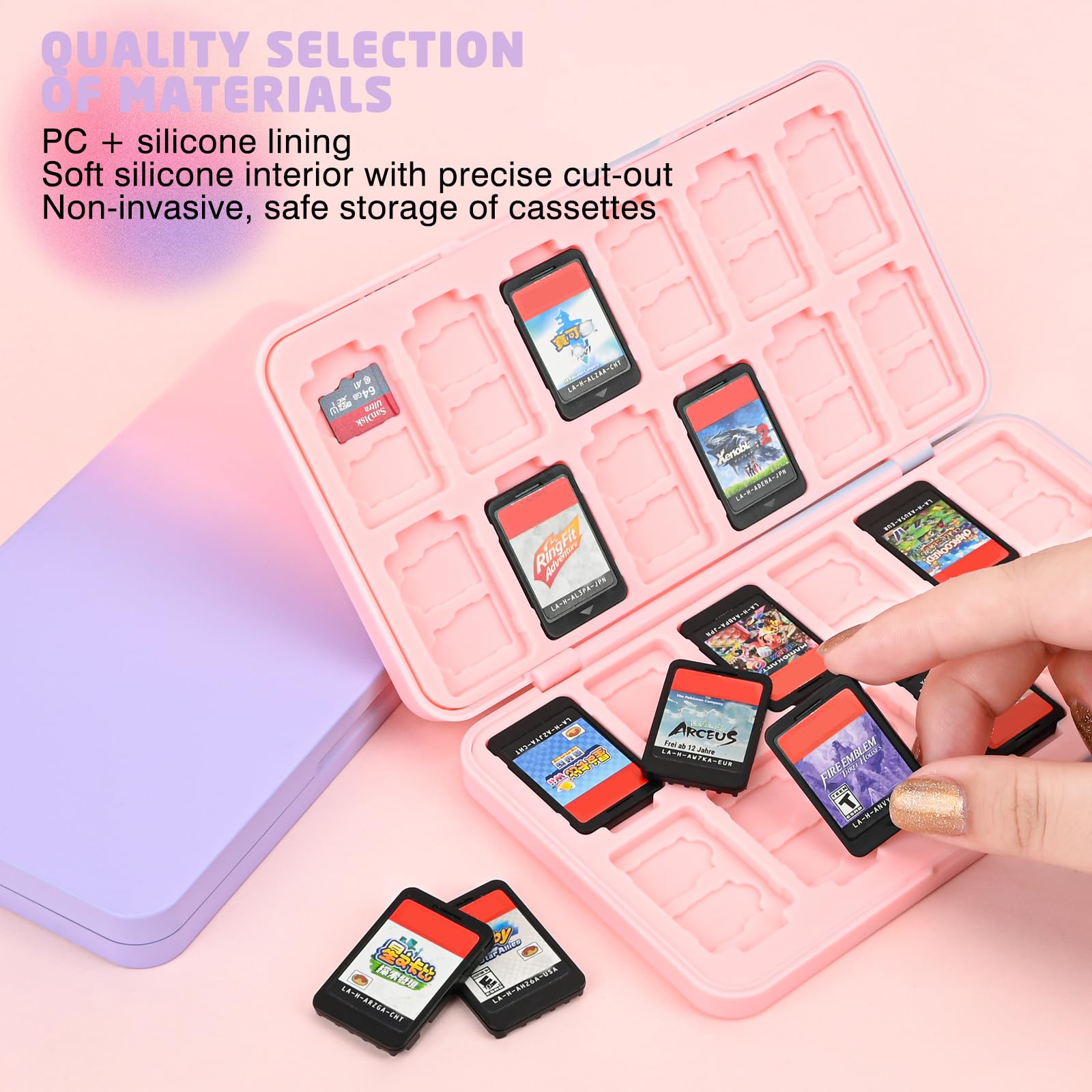 DLseego Étui pour Cartes de Jeu Compatible avec Switch/Switch OLED/Switch Lite,Carte de Jeu Support Rangement avec 24 Cartes de Jeu et 48 Emplacements pour Carte Micro SD-Rose Violet Dégradé