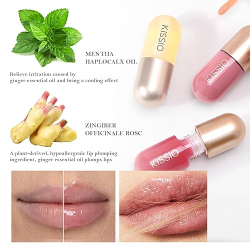 Miniatura 3 de KISSIO Plumper de labios, brillo de labios de color, potenciador de labios, extractos de plantas, suero labial hidratante para labios más completos