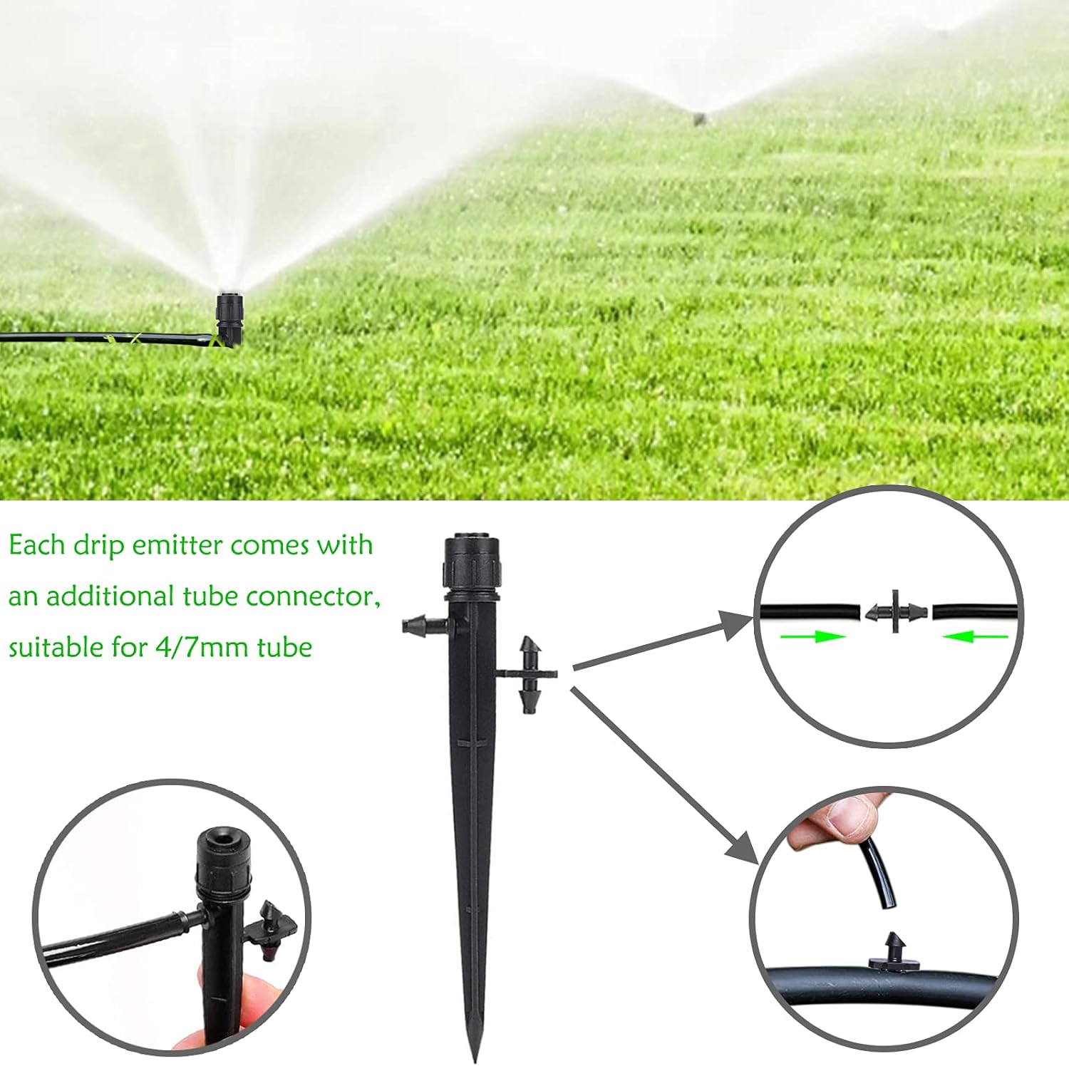 Drip Irrigation Emitters, Drip Emitters 360 Degree automatic Irrigation Drippers Adjustable Water Irrigation Stakes Garden Irrigation System Drip Sprinkler with Barbed Connector Fit 4/7 MM Tube (10) : Patio, Lawn & Garden