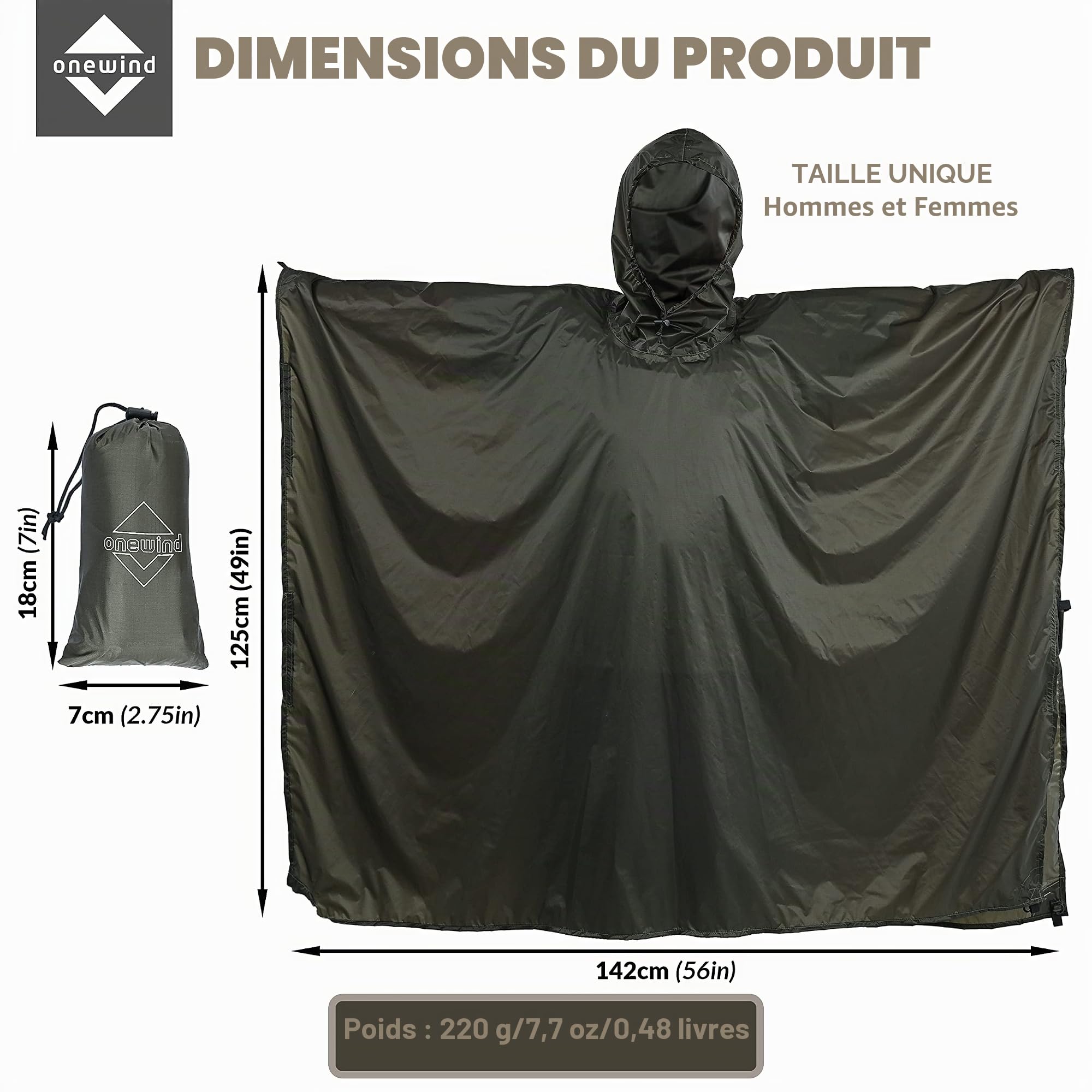 onewind Poncho de pluie à capuche, manteau de pluie en silnylon, abri de survie polyvalent, imperméable, respirant, léger