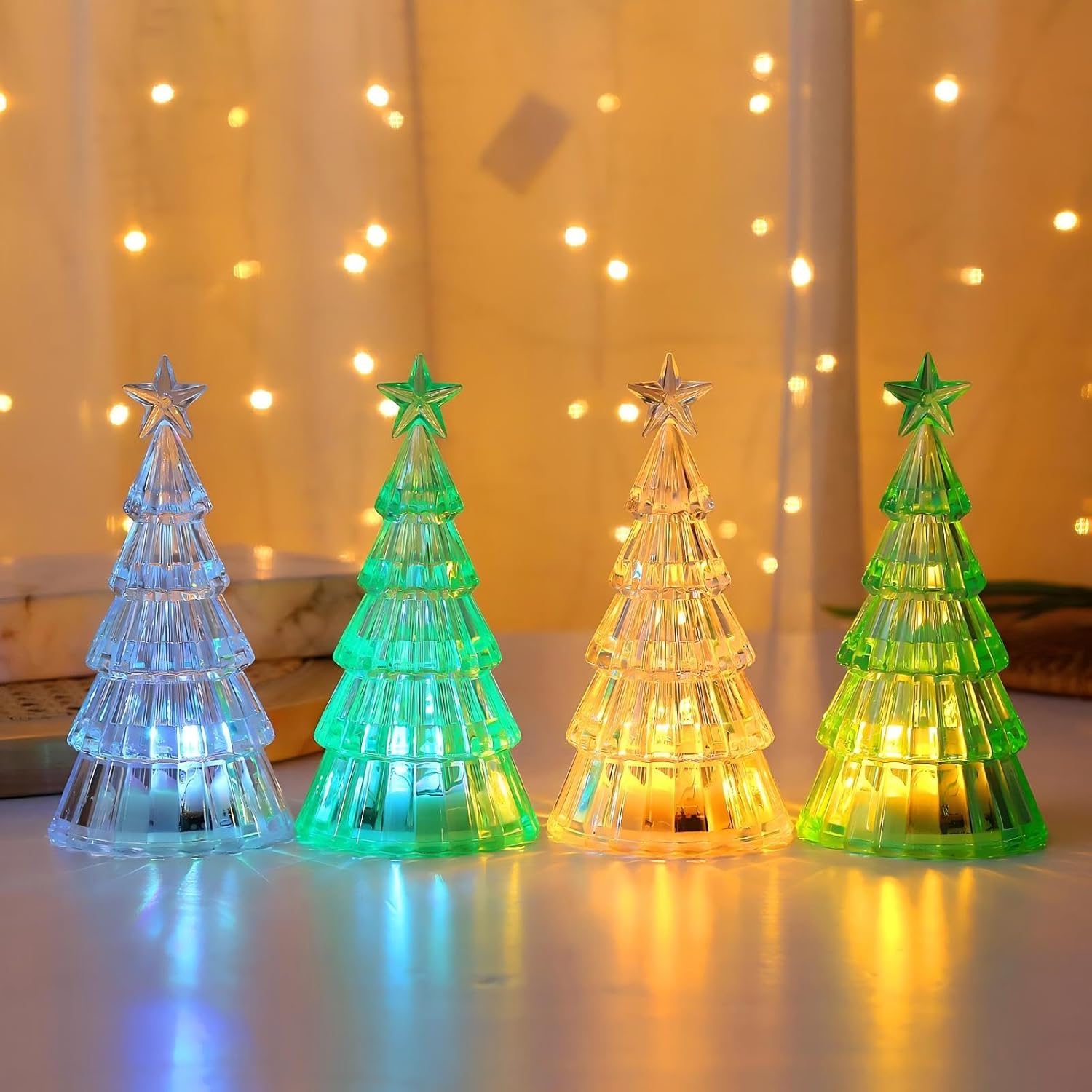 4 Stück Kristall Weihnachtsbaum mit LED Beleuchtung Weihnachtsdeko Led Mini Weihnachtsbaum Elektrische Teelichter Kleiner Weihnachtsbaum