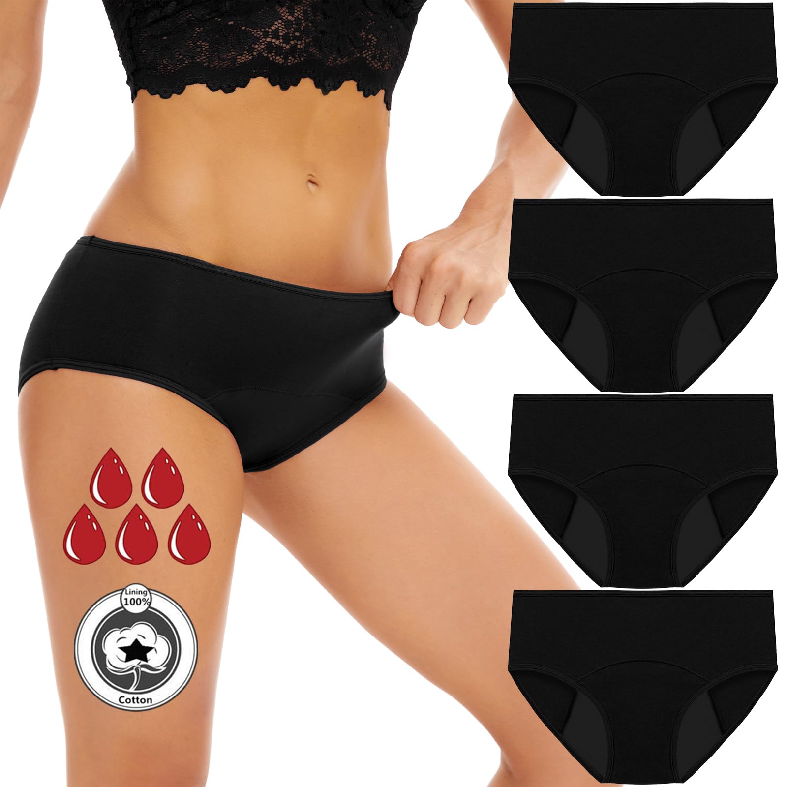 Flintronic 4PCS Bragas Menstruales Flujo Abundante de Mujer, Ragas Menstruales Absorbentes, Bragas de Reglas, para Regla Periodo Mentruación Hipsters, Lavables, Algodón