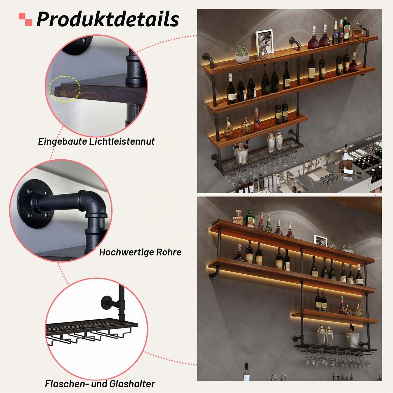 Wandmontiertes Weinregal mit LED-Licht, Massivholz Modernes wandmontiertes Weinregal, Schwebende Barregale mit Glashalter, für die Hausbar, Küche Esszimmer (80cm)
