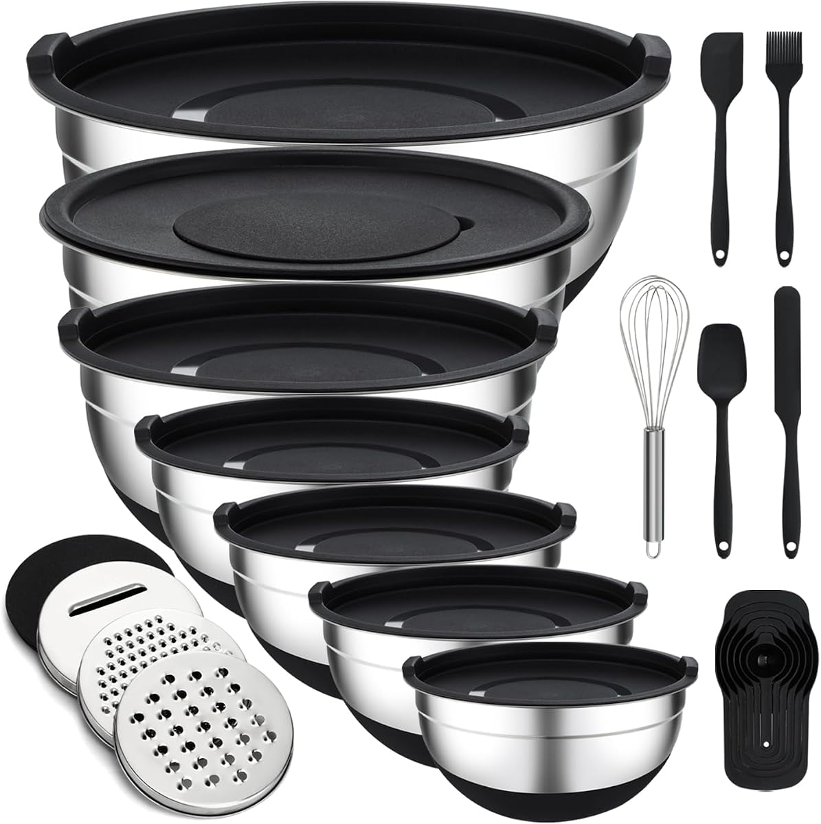 Unokit Mixing Bowls with Lids Set - 7 Pcs Stainless Steel Mixing Bowls Non-Slip Silicone Base Mixing Bowl Set for Kitchen with 3 Grater Attachments