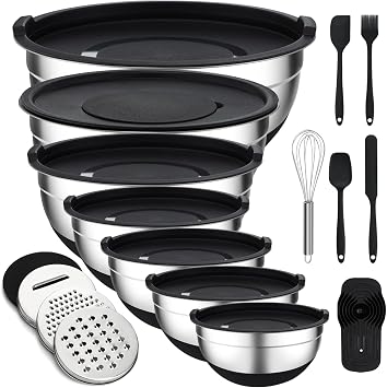 Unokit Mixing Bowls with Lids Set - 7 Pcs Stainless Steel Mixing Bowls Non-Slip Silicone Base Mixing Bowl Set for Kitchen with 3 Grater Attachments